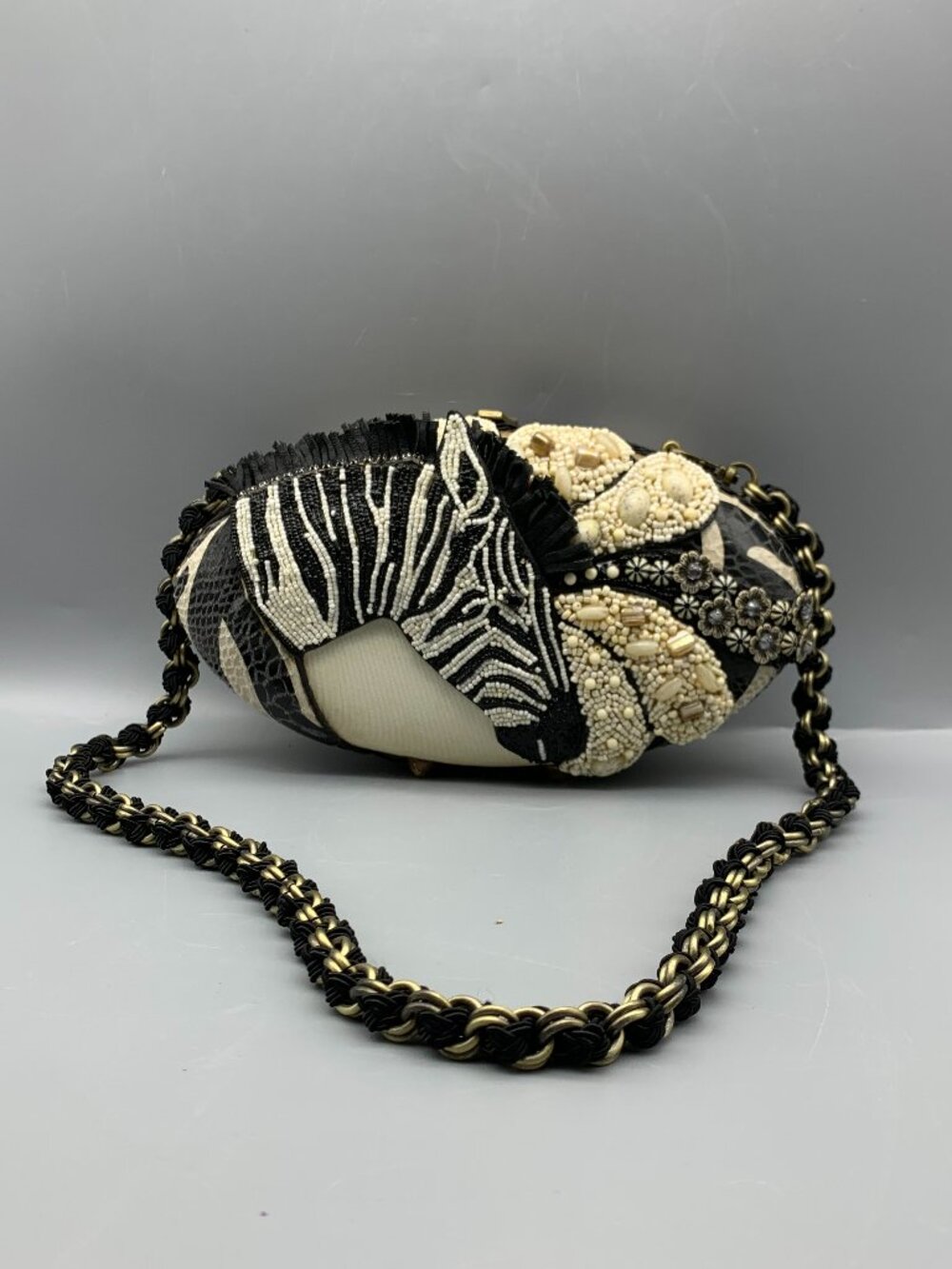 Vintage Mary Frances Zebra-Beaded Handbag Clutch with Removable Shoulder Chain